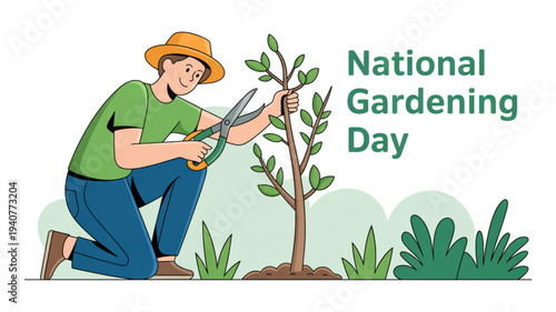 Man pruning plant with scissors on national gardening day kneeling in garden with greenery around
