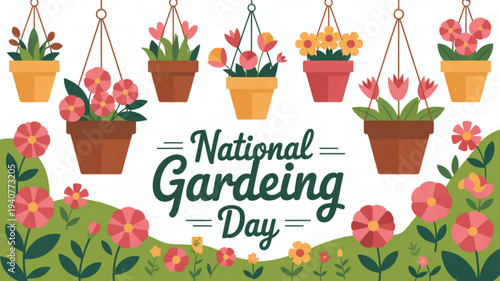 Vibrant national gardening day illustration with hanging flower pots and blooming garden landscape
