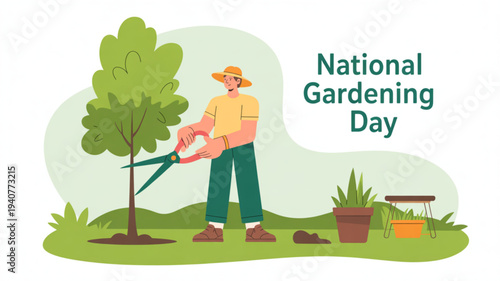 Man gardening with pruning shears on national gardening day green environment gardening tools and plants