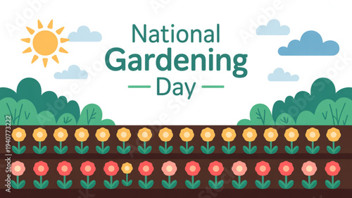 National gardening day illustration with blooming flowers and sunny landscape background