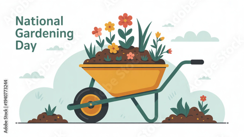 Vibrant wheelbarrow filled with colorful flowers and soil celebrating national gardening day with bright green handles and orange flowers