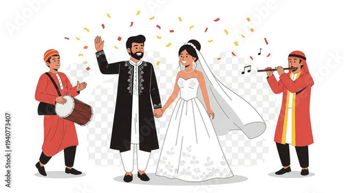Wedding celebration with bride groom and musicians in traditional attire confetti and music