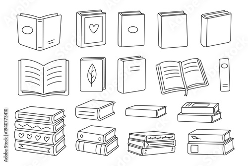 Outline set of books illustration. Open and closed books in clean black linear style for educational design