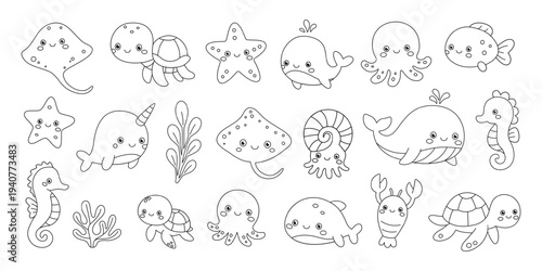 Outline sea animals. Minimalist vector illustration for children marine designs