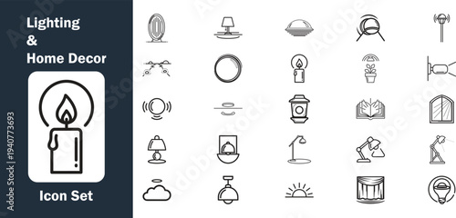 Minimalist lighting and home decor line icons set.