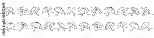 Minimalist linear outline of umbrellas repeating in two seamless rows, elegant black contour art of rainy weather