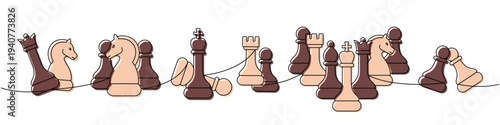Continuous linear design of chess pieces arranged in dynamic rows, minimal outline art showing strategic elegance