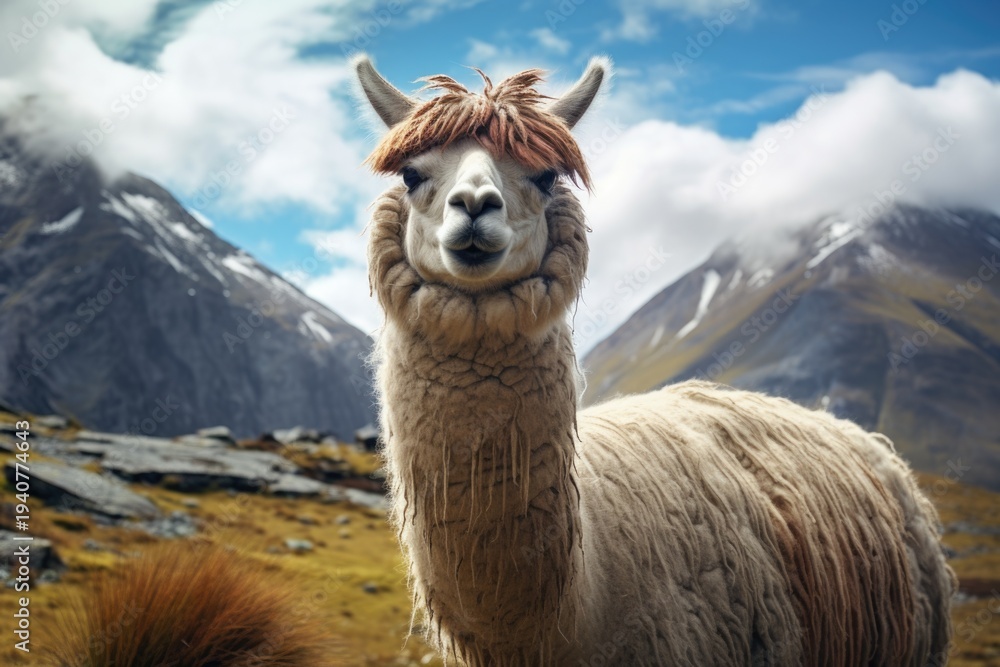 Fototapeta premium A shaggy-haired llama standing confidently in a beautiful field. Perfect for nature or animal-related projects