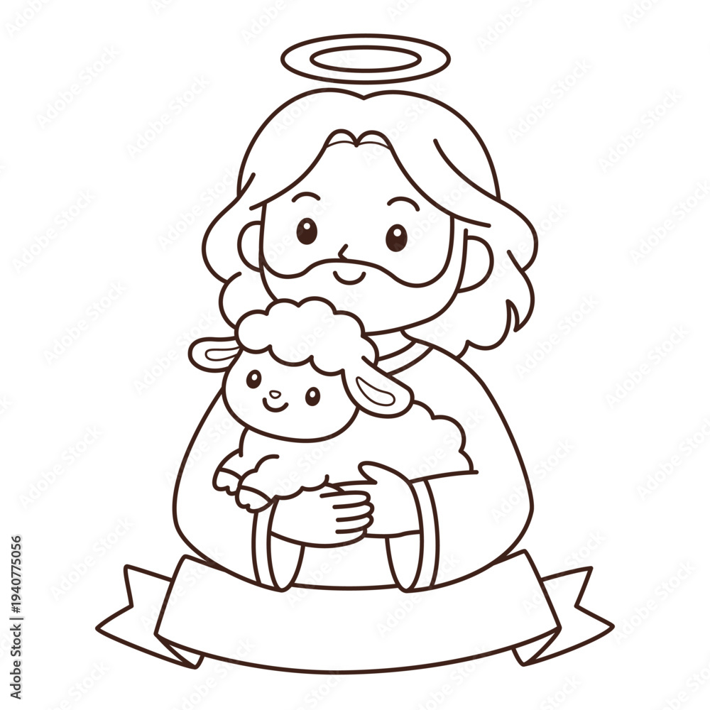 Fototapeta premium Cute cartoon Jesus holding lamb with halo and blank ribbon banner Easter coloring page outline