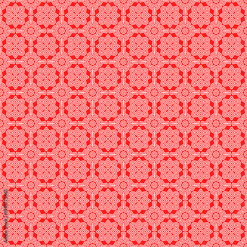 Seamless surface pattern. Symmetric geometric red color abstract on white background. Ethnic ornament wallpaper. For digital paper, page fills, web design, textile print. Vector art illustration