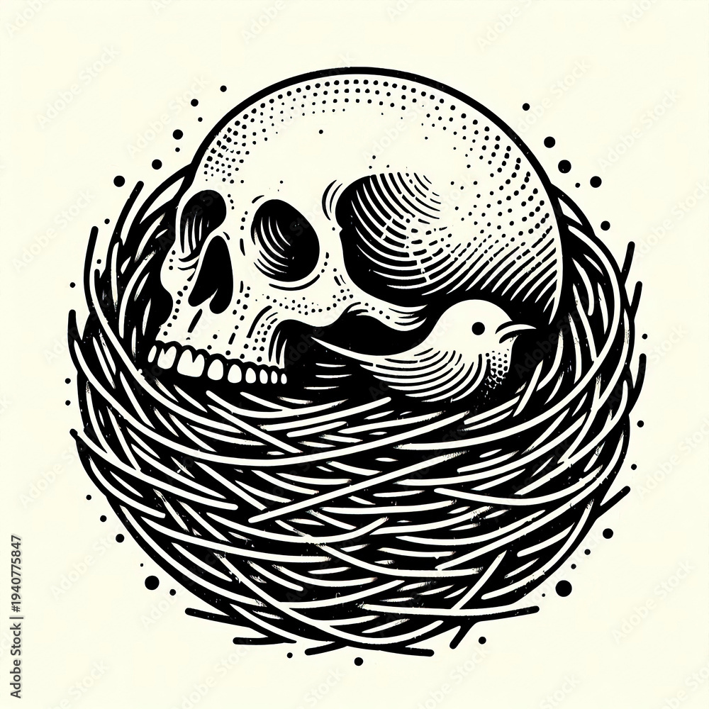 Fototapeta premium Human Skull with Bird Nest