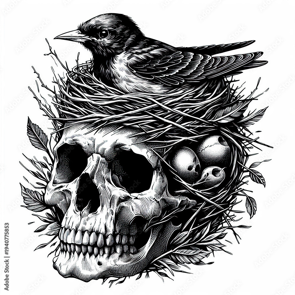 Naklejka premium Human Skull with Bird Nest