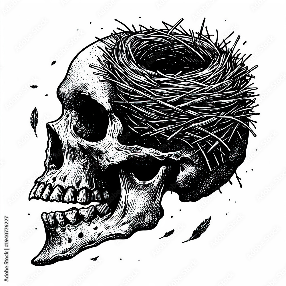 Fototapeta premium Human Skull with Bird Nest