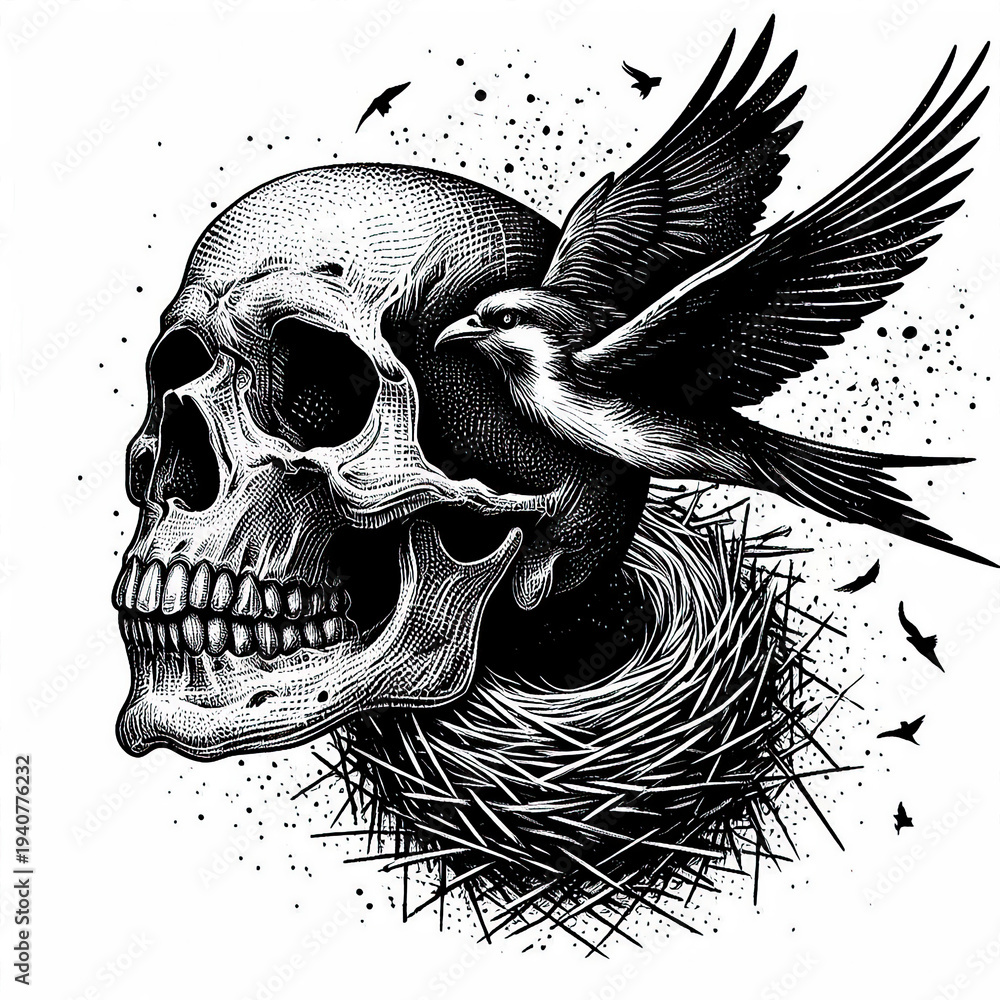 Fototapeta premium Human Skull with Bird Nest