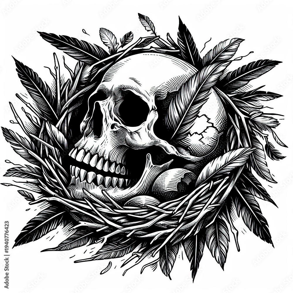 Fototapeta premium Human Skull with Bird Nest