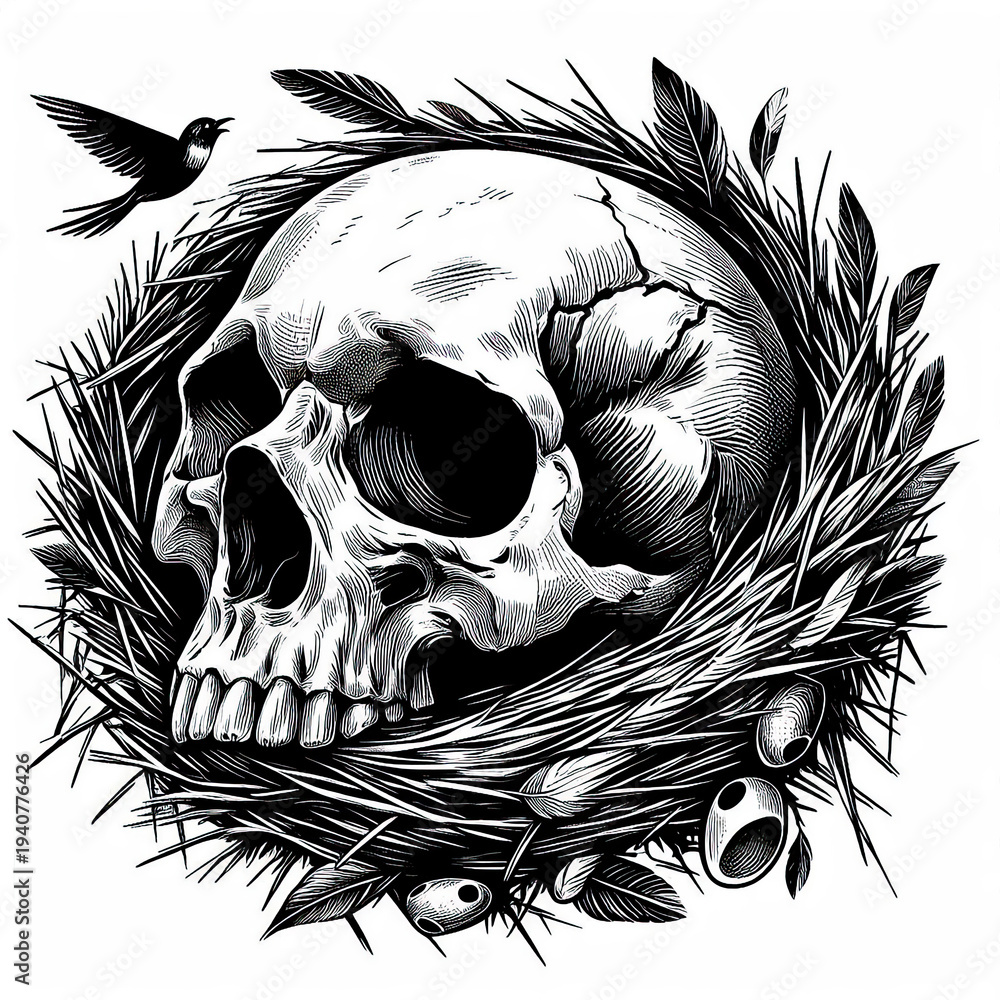 Fototapeta premium Human Skull with Bird Nest