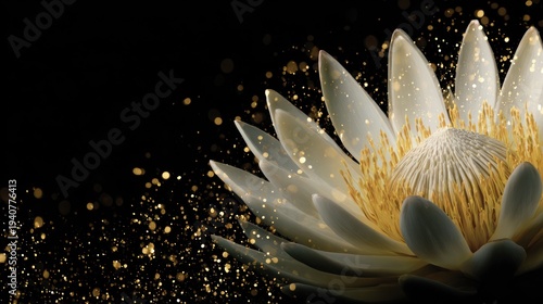 Elegant white flower with subtle gold accents on a stark black background