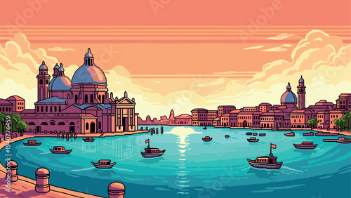 Pixel art seaside cityscape at sunset with boats and historic buildings