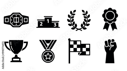Set of black silhouette achievement icons for awards and competitions
