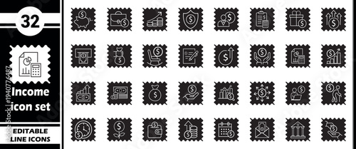 Income Icon Set: Finance, Money, Savings, Investment, Business Growth and Financial Management Icons with Stamp Style
