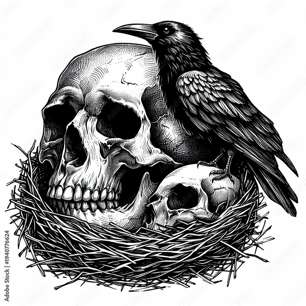 Naklejka premium Human Skull with Bird Nest