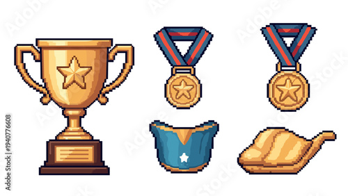 Pixel art trophies and awards: cup, medals, and ribbons in retro style