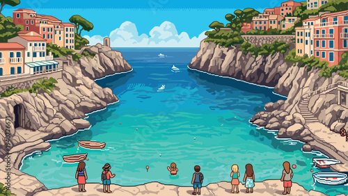 Coastal village scene with people enjoying a sunny day by the sea