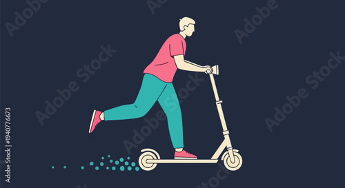 Young man riding an electric scooter with speed effect, promoting urban mobility, eco-friendly transport, and modern lifestyle vector illustration