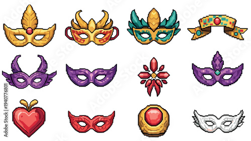 Colorful pixel art masks collection: festive and decorative designs