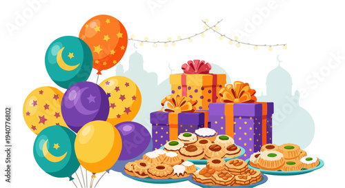 Eid Celebration Scene with Gift Boxes, Platters of Traditional Sweets and Star Patterns Balloons