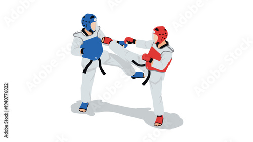 Taekwondo fighters sparring in protective gear