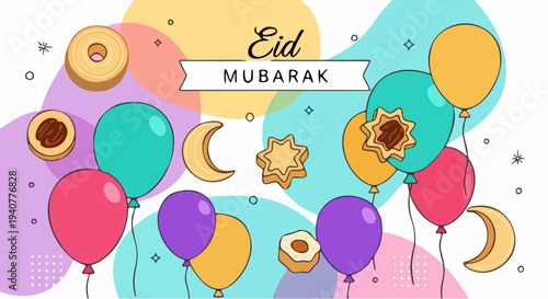 Joyful Eid Mubarak Greeting Card with Pastel Abstract Shapes, Balloons, Crescent Moons, and Festive Cookies, Vector Design