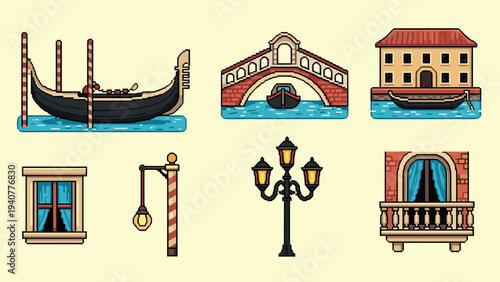 Venetian landmarks in retro pixel art: gondola, bridge, building, and more