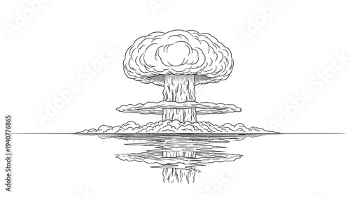Atomic explosion sketch with reflection: powerful line art illustration