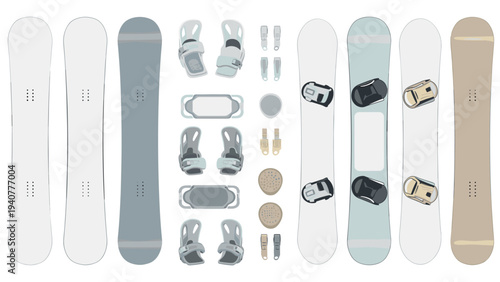 Set of snowboards and equipment in flat design with various shapes and colors for winter sports
