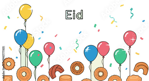 Playful Eid Mubarak Background with Colorful Balloons, Confetti, and Traditional Arabic Sweets, Vector Illustration