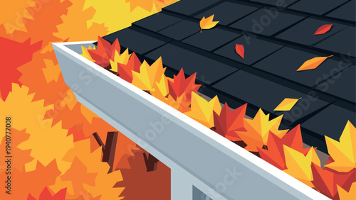 Autumn leaves accumulate in gutter on a roof with vibrant fall foliage background