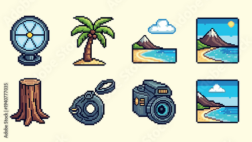 Retro pixel art icons of nature and photography objects in vibrant colors