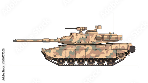 Modern camouflage military tank side view in detailed line art design