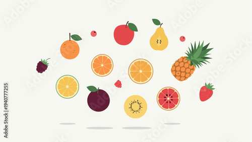 Colorful flat fruit icons collection featuring citrus and tropical fruits