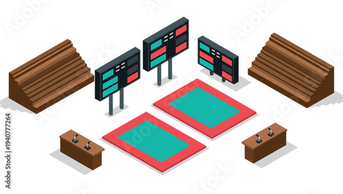Modern isometric sports arena setup with digital scoreboards and spectator stands
