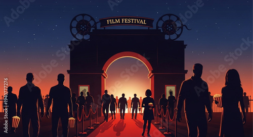 Film festival entrance archway with people on red carpet.