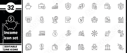 Income icon set with 32 editable line graphics for finance, banking, and savings concepts