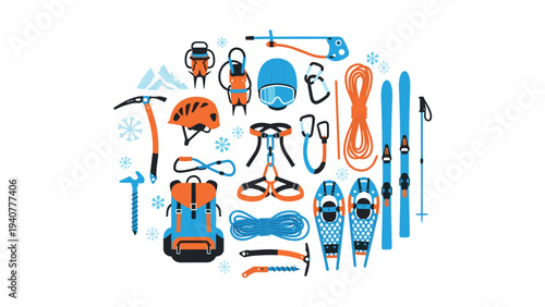 Winter adventure gear collection featuring essential equipment and accessories for ice climbing and skiing