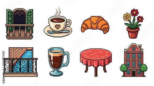 Pixel art elements: coffee, balcony, croissant, and more in charming cafe scene