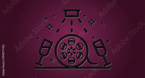 Film reel with champagne glasses and sparkles celebration.