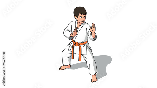 Focused young martial artist in karate pose with orange belt