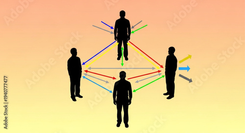 Four Silhouetted Figures Connected by Arrows Illustrating Network Communication.