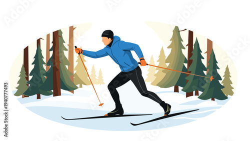 Cross country skiing adventure in winter forest landscape