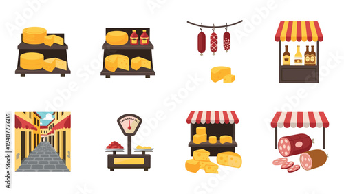 Italian market delights: cheese, sausages, and vibrant street scenes